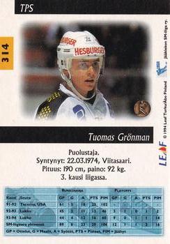 1994-95 Leaf Sisu SM-Liiga (Finnish) #314 Tuomas Grönman Back
