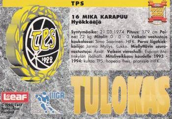1993-94 Leaf Sisu SM-Liiga (Finnish) #44b Mika Karapuu Back