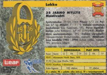 1993-94 Leaf Sisu SM-Liiga (Finnish) #183 Jarmo Myllys Back
