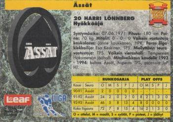 1993-94 Leaf Sisu SM-Liiga (Finnish) #225 Harri Lönnberg Back