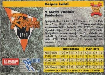 1993-94 Leaf Sisu SM-Liiga (Finnish) #282 Matti Vuorio Back