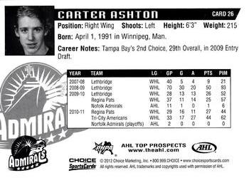 2011-12 Choice AHL Top Prospects #26 Carter Ashton Back