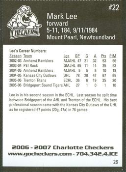 2006-07 Last Minute Golfer Charlotte Checkers (ECHL) #26 Mark Lee Back