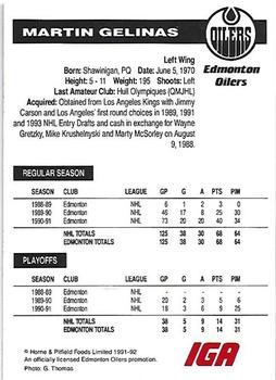 1991-92 IGA Edmonton Oilers #NNO Martin Gelinas Back