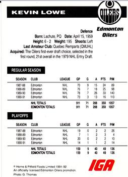 1991-92 IGA Edmonton Oilers #NNO Kevin Lowe Back