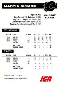 1991-92 IGA Calgary Flames #NNO Martin Simard Back