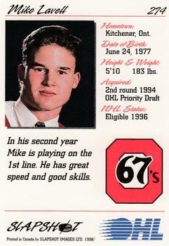 1995-96 Slapshot OHL #274 Mike Lavell Back