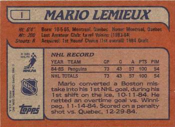 1985-86 Topps - Wax Box Bottom Panels Singles #I Mario Lemieux Back