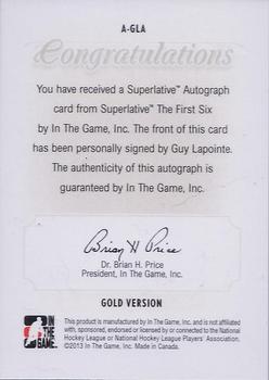 2013-14 In The Game Superlative The First Six - Autographs Gold #A-GLA Guy Lapointe Back