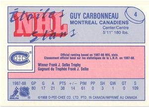 1988-89 O-Pee-Chee Minis #4 Guy Carbonneau Back