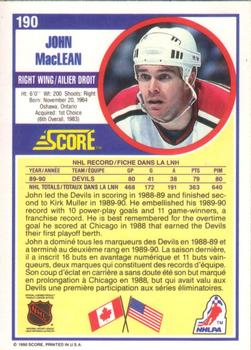1990-91 Score Canadian #190 John MacLean Back