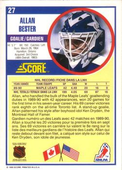 1990-91 Score Canadian #27 Allan Bester Back