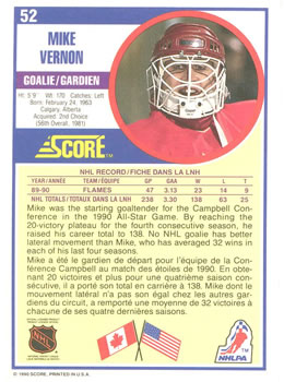 1990-91 Score Canadian #52 Mike Vernon Back