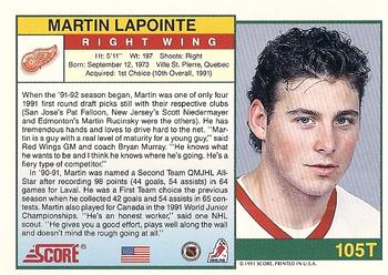 1991-92 Score Rookie and Traded #105T Martin Lapointe Back