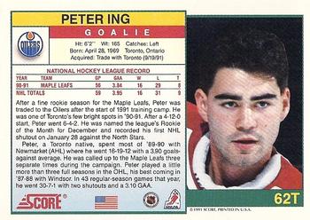 1991-92 Score Rookie and Traded #62T Peter Ing Back