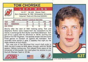 1991-92 Score Rookie and Traded #63T Tom Chorske Back