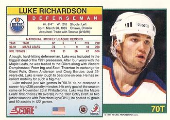 1991-92 Score Rookie and Traded #70T Luke Richardson Back