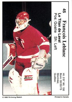 1990-91 7th Inning Sketch QMJHL #45 Francois Leblanc Back