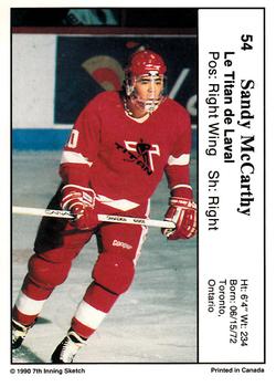 1990-91 7th Inning Sketch QMJHL #54 Sandy McCarthy Back