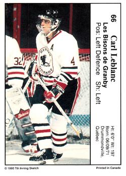 1990-91 7th Inning Sketch QMJHL #66 Carl Leblanc Back
