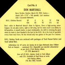 1961-62 York Peanut Butter (Yellow Back) #6 Don Marshall Back