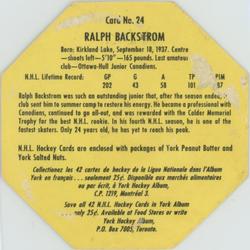 1961-62 York Peanut Butter (Yellow Back) #24 Ralph Backstrom Back
