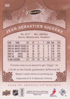 2008-09 Upper Deck Artifacts #98 Jean-Sebastien Giguere Back