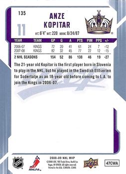 2008-09 Upper Deck MVP #135 Anze Kopitar Back