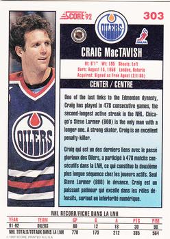 1992-93 Score Canadian #303 Craig MacTavish Back