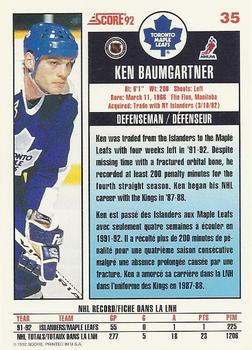 1992-93 Score Canadian #35 Ken Baumgartner Back