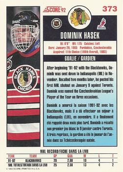 1992-93 Score Canadian #373 Dominik Hasek Back