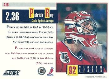 1992-93 Score Canadian #418 Patrick Roy Back