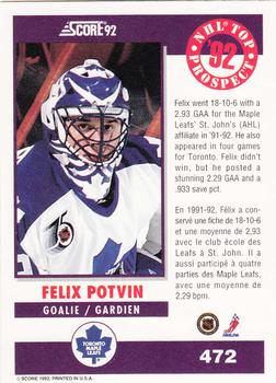 1992-93 Score Canadian #472 Felix Potvin Back