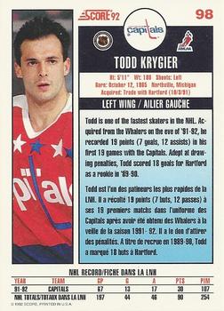 1992-93 Score Canadian #98 Todd Krygier Back