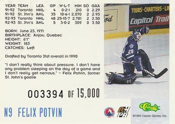 1993 Classic '93 Hockey Draft - Crash Numbered #N9 Felix Potvin Back