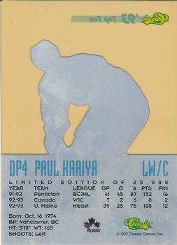1993 Classic '93 Hockey Draft - Top Ten #DP4 Paul Kariya Back
