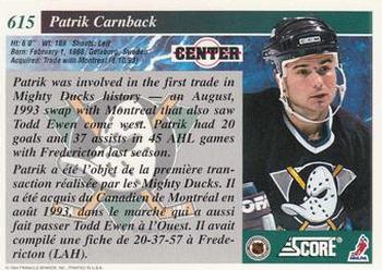 1993-94 Score Canadian #615 Patrik Carnback Back