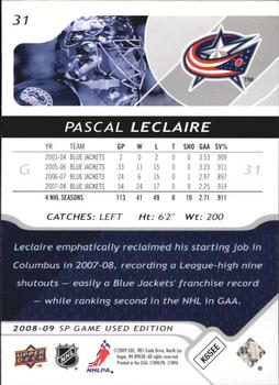2008-09 SP Game Used #31 Pascal Leclaire Back