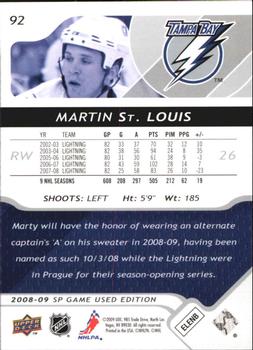 2008-09 SP Game Used #92 Martin St. Louis Back