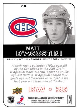2008-09 Collector's Choice #208 Matt D'Agostini Back