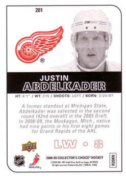 2008-09 Collector's Choice #201 Justin Abdelkader Back