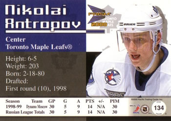 1999-00 Pacific Prism #134 Nikolai Antropov Back