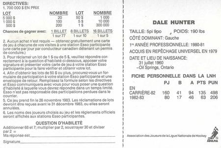 1983-84 Esso French #NNO Dale Hunter Back