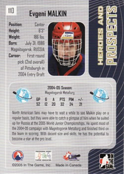 2005-06 In The Game Heroes and Prospects #110 Evgeni Malkin Back