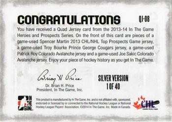 2013-14 In The Game Heroes and Prospects - Jersey Quads Silver #QJ-08 Spencer Martin / Troy Bourke / Patrick Roy / Joe Sakic Back