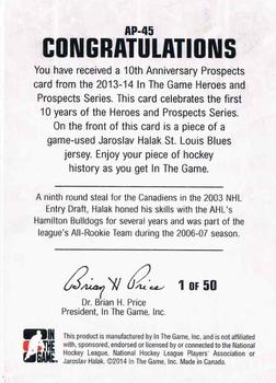 2013-14 In The Game Heroes and Prospects - Tenth Anniversary Jersey #AP-45 Jaroslav Halak Back