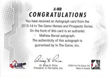2013-14 In The Game Heroes and Prospects - Autographs #A-MB Mathew Barzal Back