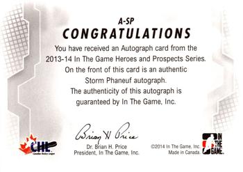 2013-14 In The Game Heroes and Prospects - Autographs #A-SP Storm Phaneuf Back