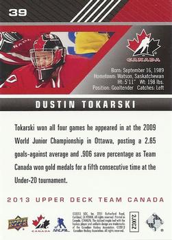 2013 Upper Deck Team Canada #39 Dustin Tokarski Back