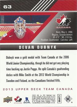 2013 Upper Deck Team Canada #63 Devan Dubnyk Back